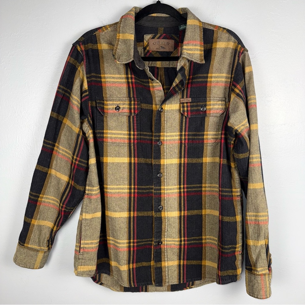 Orvis Flannel Adams Plaid Leather‎ Logo Shirt Jacket men’s M Front Side Pockets